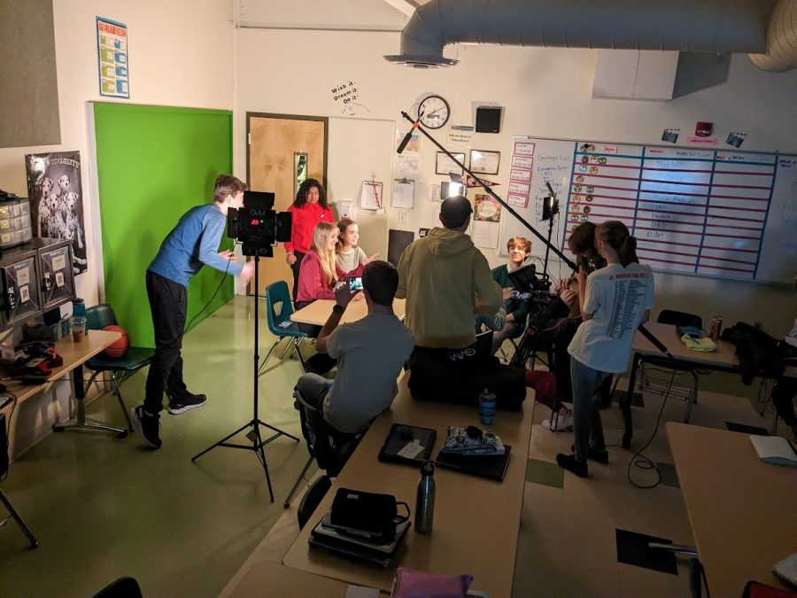 Students recording the April Fools show for NOISE News.
