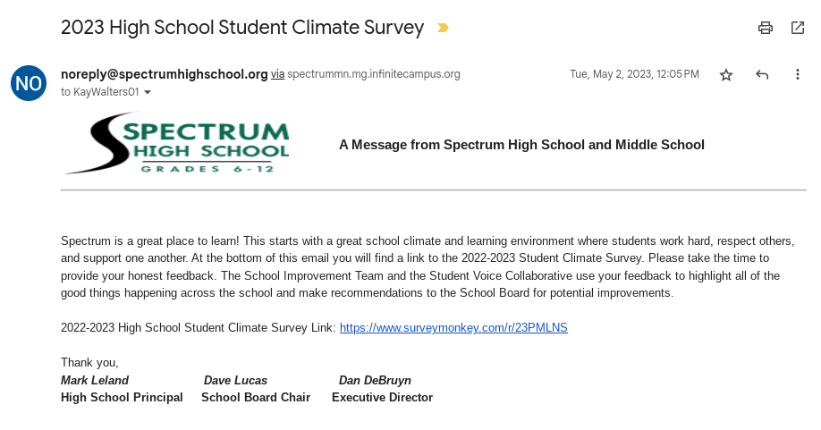 The 2022-2023 end of year Climate Survey.