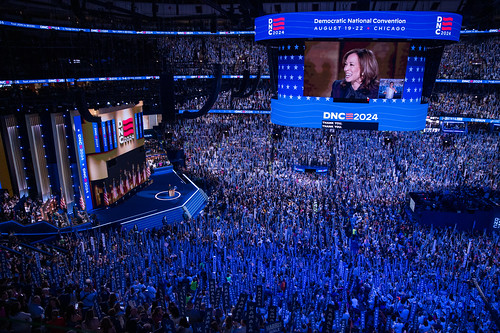 Kamala Harris giving a speech on August 22 at the Democratic National Convention, Chicago, IL