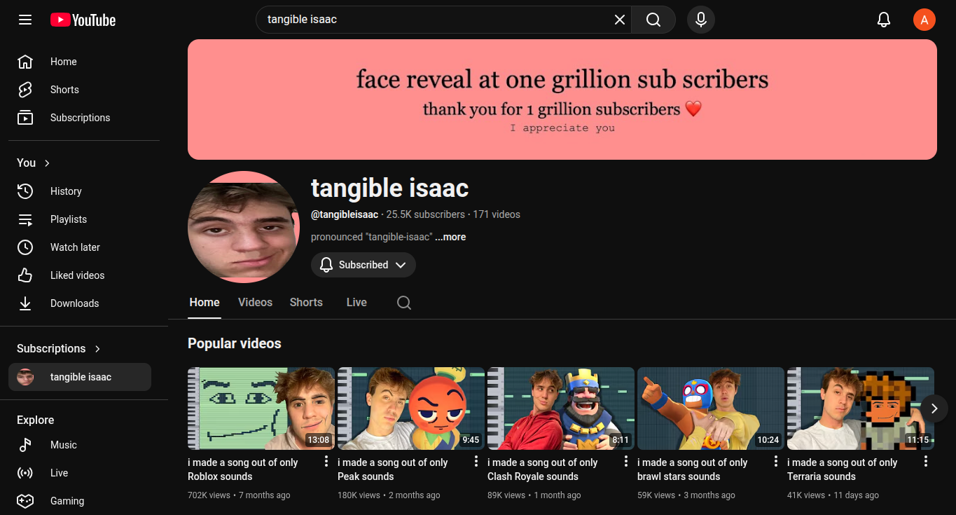 A photo of Issac Bengston's YouTube account.